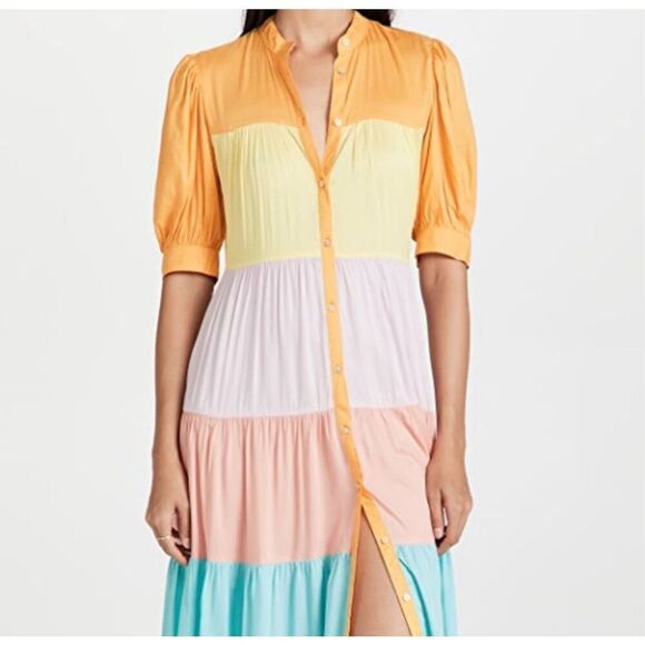 NWOT Never Fully Dressed Pastel Rainbow Panel Tiered Maxi Dress Women's 2US - Picture 1 of 14